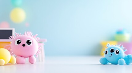 Obraz premium Two adorable, cartoonish creatures, one pink and one blue, are the focus. The pink one sits near a small desk the blue one rests on the floor. The image is high-quality, brightly lit, and features a