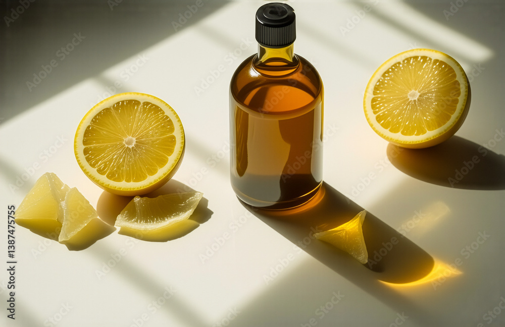 Poster Golden liquid in a bottle alongside fresh lemon halves and wedges on a plain white surface, illuminated by strong sunlight creating sharp shadows.