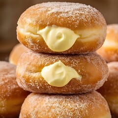 A close-up image of two fluffy Italian Bomboloni donuts stacked on top of each other