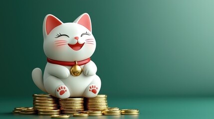 Cheerful white cat figurine sits atop a stack of gold coins.  A lucky charm, good fortune, and wealth represented by a cute cat