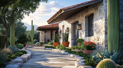 Fototapeta premium A picturesque stone house framed by vibrant flowers and cacti, leading into an inviting garden path, embodying rustic charm and harmonious outdoor living in a beautiful setting.