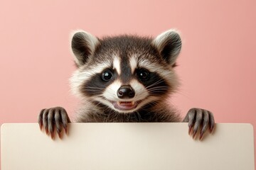 Obraz premium Isolated baby animal on a solid uniform pink background. Pet with marketing sign. Fun studio beast promo. Cute baby animal raccoon hold in front paws a layout - large white zoo sign.