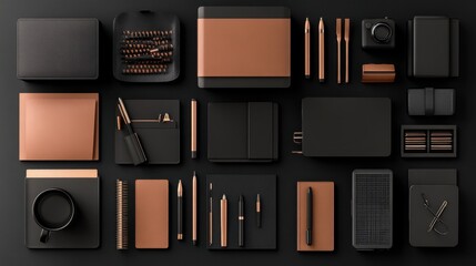 Stylish desk setup with matte black and tan stationery arranged precisely.
