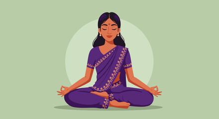 Woman Meditating in Purple Sari Against Green Background  
