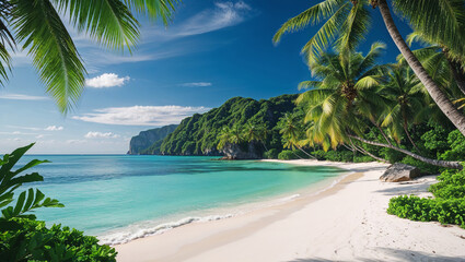 Serene Tropical Beach With Palm Trees White Sand And Turquoise Water