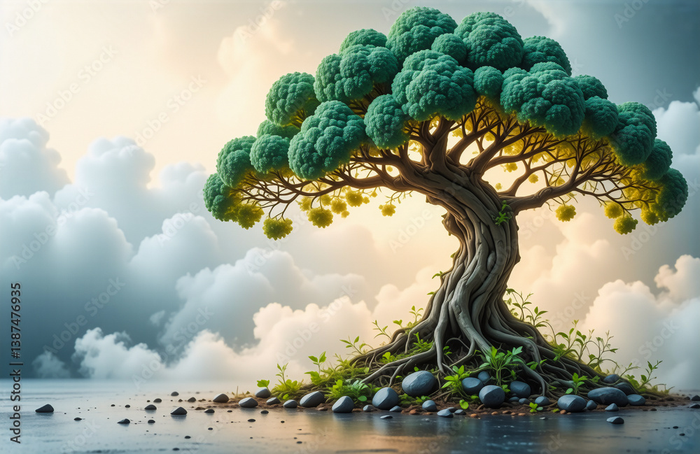 Poster a large tree with a thick trunk and lush green leaves stands on a small island surrounded by water u