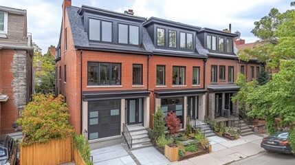 Naklejka premium Three-story modern townhouse with rooftop terrace, minimalist styling and urban vibe.