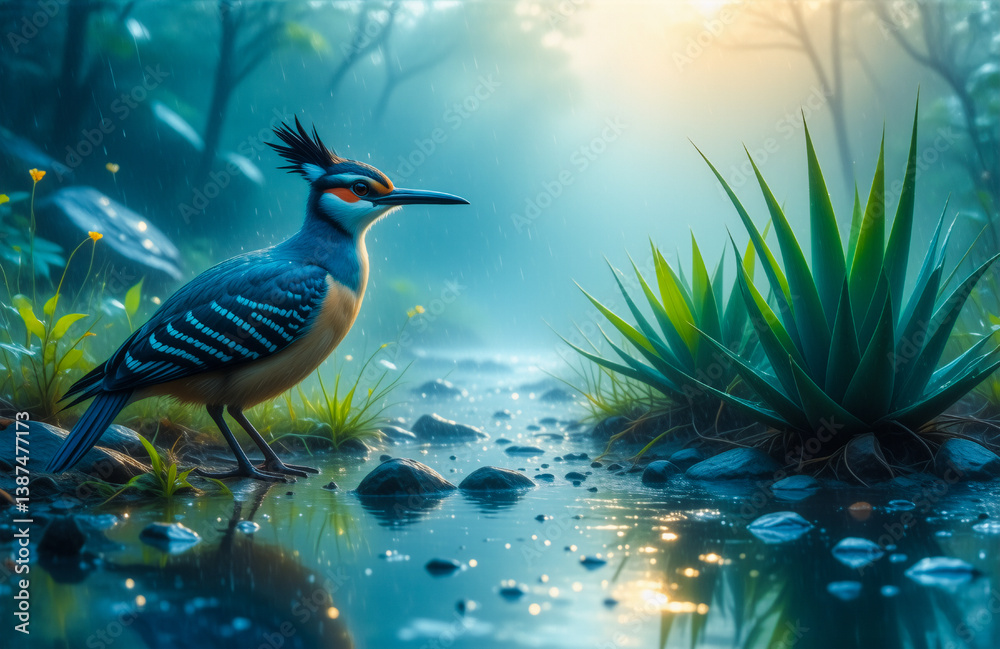 Poster Crested bird stands by a stream in a misty forest. Sunlight filters through trees, casting a soft glow. Lush greenery and rocks surround tranquil water.