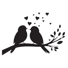 A picture of birds on a tree with hearts and the word love