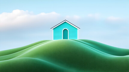 Fototapeta premium Blue House on Green Hill Under a Blue Sky
