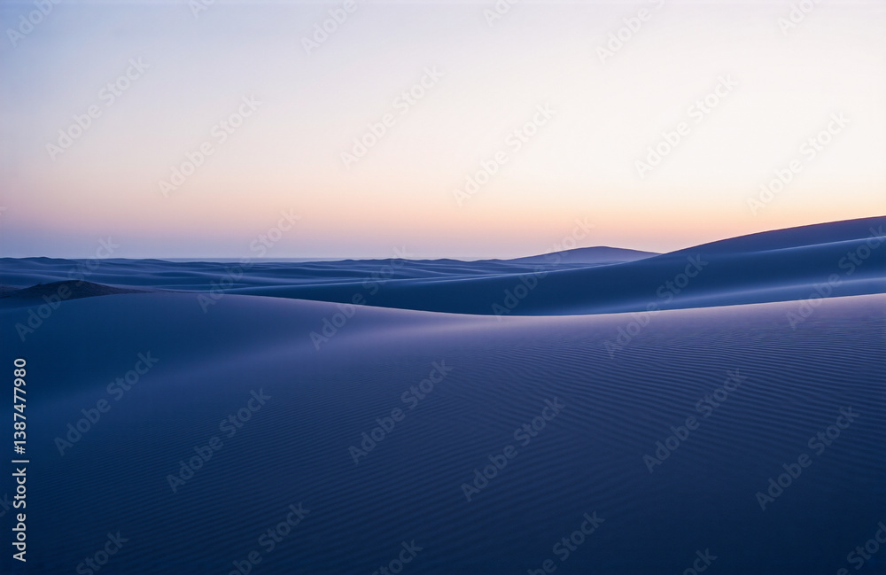 Poster a serene landscape displays rolling sand dunes under a gradient sky transitioning from soft pink and