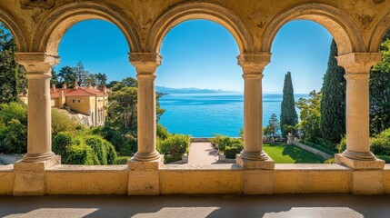 Fototapeta premium View through arched windows of a Mediterranean villa toward blue sea.