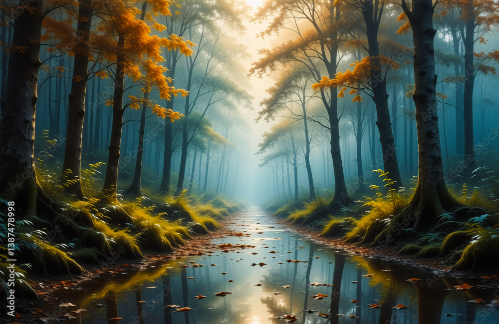 Poster misty path through colorful autumn forest reflecting in still water. serene and peaceful nature scen