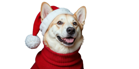 Happy corgi dog in red christmas sweater and santa hat, smiling with tongue out, close-up portrait on black background for greeting card or poster