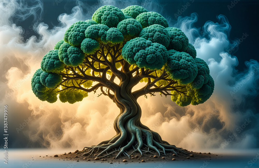 Poster a majestic tree with a large green cloud-like crown and a twisted trunk stands on the earth with pro