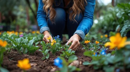 Fototapeta premium Woman Planting Flowers in Garden, Springtime Bloom, Nature's Beauty, Gardening Hobby
