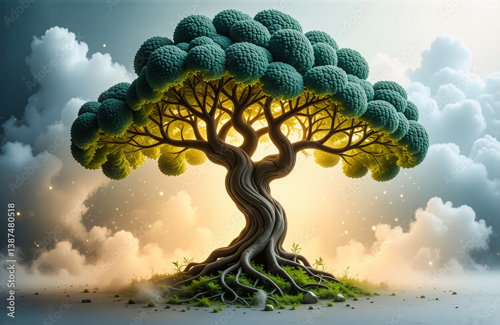 Aufkleber A stylized tree with a twisted trunk and vibrant green rounded leaves stands against a soft cloudy sky. A gentle glow emanates from behind the tree.