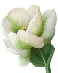 A stunning close-up of white tulips with green accents, showcasing delicate petals and vibrant leaves. Perfect for projects related to nature, spring, and floral beauty.