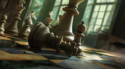 3D rendering of a chessboard with white pieces.