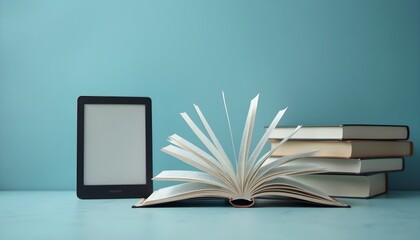 Open book and e-reader on blue desk