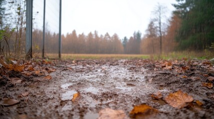 Fototapeta premium Muddy path through autumnal forest. Fallen leaves cover a wet, uneven dirt track leading through a blurred woodland