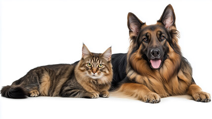 Fototapeta premium Adorable puppy and kitten sitting side by side on white background, perfect for pet advertising and packaging themes.