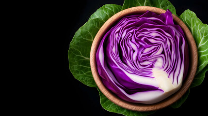 Close-up of Vibrant Red Cabbage in Wooden Bowl on Dark Background