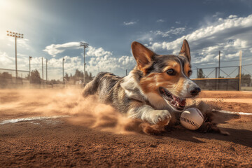 Corgi sliding on baseball field with ball in mouth during sunny game moment