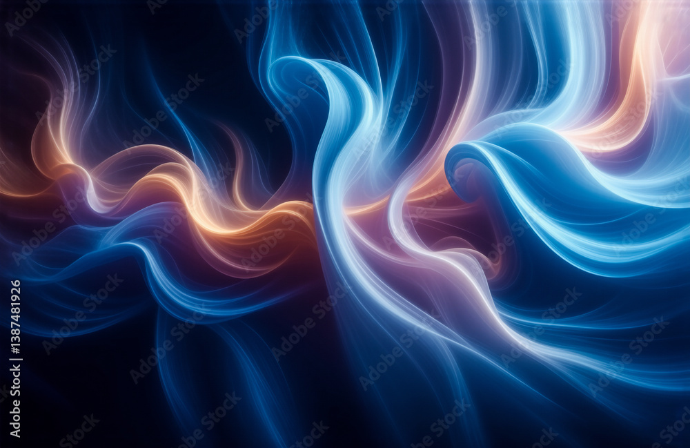 Leinwandbilder abstract image of blue and orange flowing waves, like smoke or fabric, creating a dynamic and smooth