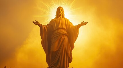 Radiant Statue of Jesus Against Glowing Sky