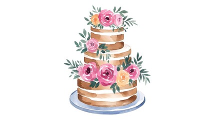 Watercolor Wedding Cake with Floral Decoration – Elegant Three-Tier Cake Illustration