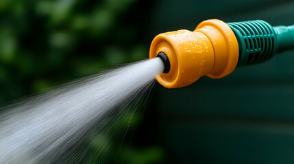Close-Up of Yellow and Green Garden Hose Spraying Water Against a Blurred Green Background