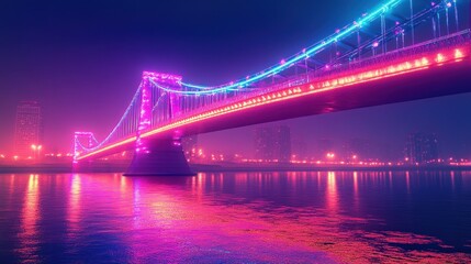 Fototapeta premium A futuristic city bridge covered in neon lights, stretching over a glowing river.