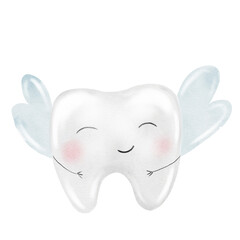 Baby tooth watercolor. Cute cartoon molar with crown on isolated white background. Dental clip art. Ideal for cards and invitations to the party baby's first tooth, posters in the doctor's office