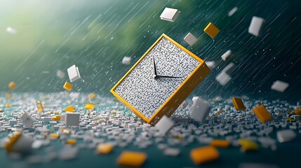 A vibrant clock surrounded by colorful blocks, set against a rainy, blurred background