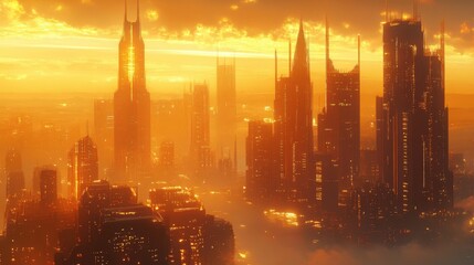 Fototapeta premium A futuristic city skyline bathed in golden light, creating a surreal and dreamy atmosphere