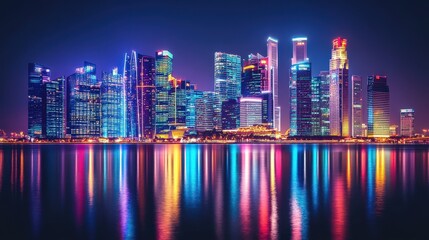 Fototapeta premium A futuristic city skyline illuminated by neon lights, towering skyscrapers reflecting on the water.