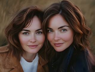 Two attractive young women with similar features pose closely together outdoors for a warm portrait showing natural beauty and sisterly bond.