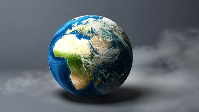 Realistic Earth globe rotating slowly with atmospheric clouds for presentation or design