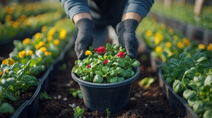 Gardening: Hands Planting Red and Yellow Flowers in Greenhouse