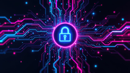 Obraz premium A vibrant cyberlock graphic with a digital lock and colorful neon circuit patterns.
