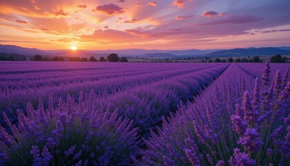 Obraz premium Breathtaking Sunset over a Vibrant Lavender Field A Serene Landscape Photography