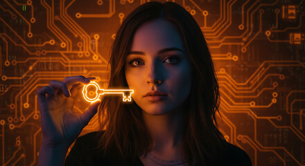 Fototapeta premium Young Woman Holding Glowing Key Digital Technology Concept Cybersecurity