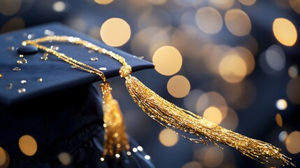 A navy blue graduation cap with gold tassels rests adorned with sparkling confetti against a bokeh background.