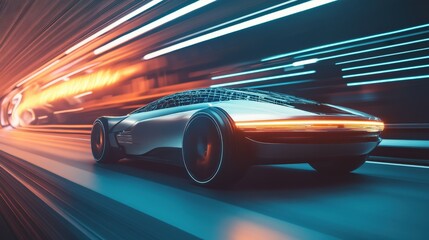 Obraz premium futuristic electric car with a sleek, aerodynamic body cruising down a highway, illuminated by soft ambient lighting.