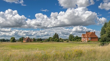 Obraz premium Summer Day in the Countryside: Houses Under a Cloudy Sky