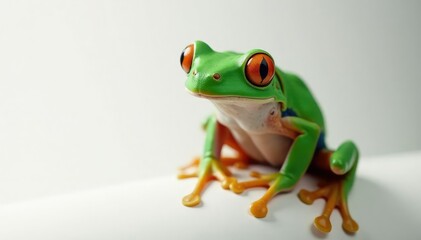 Obraz premium Green tree frog perched on white, vibrant skin, bright, texture