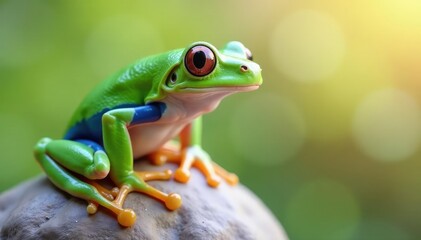 Obraz premium Green tree frog perched on white, vibrant skin, white background, green, animal