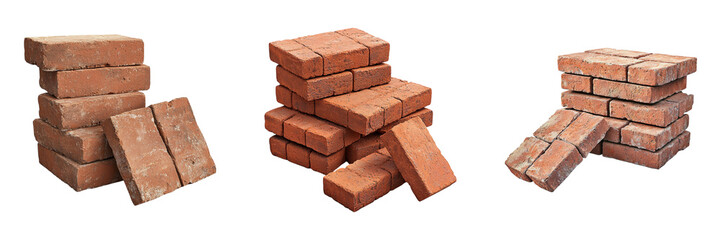 Obraz premium Stacked red bricks in various arrangements, showcasing texture and color. Ideal for construction or landscaping projects
