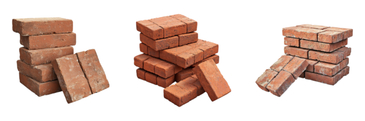 Stacked red bricks in various arrangements, showcasing texture and color. Ideal for construction or landscaping projects